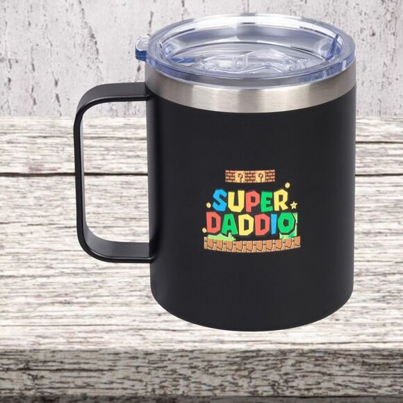 Gift for Dad - 12 oz Mug Super Daddio Stainless Steel Travel Mug with Lid NIB - Picture 3 of 4